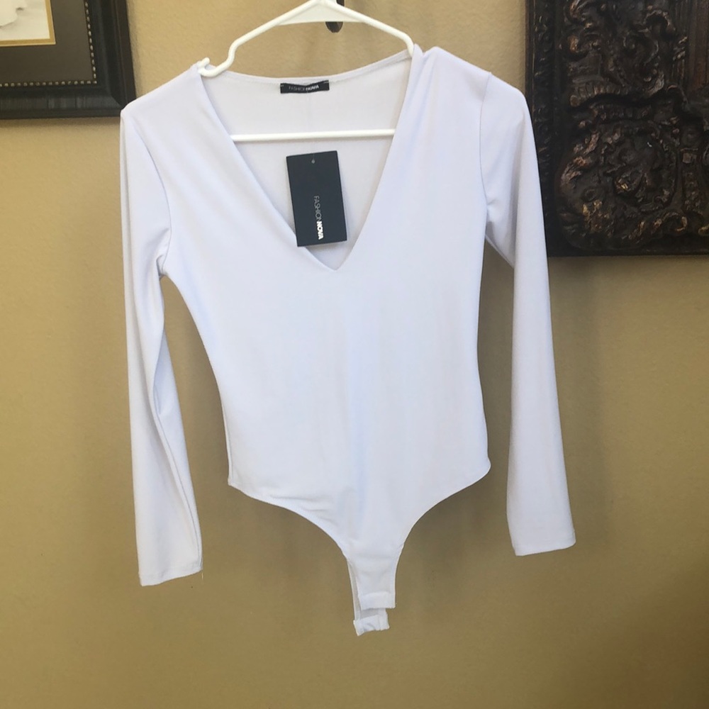 White long sleeve V-Neck spandex body suit